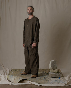 Crew Neck Long Sleeve Blouse Linen in Brown