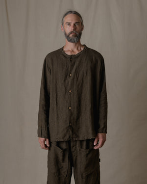 Crew Neck Long Sleeve Blouse Linen in Brown