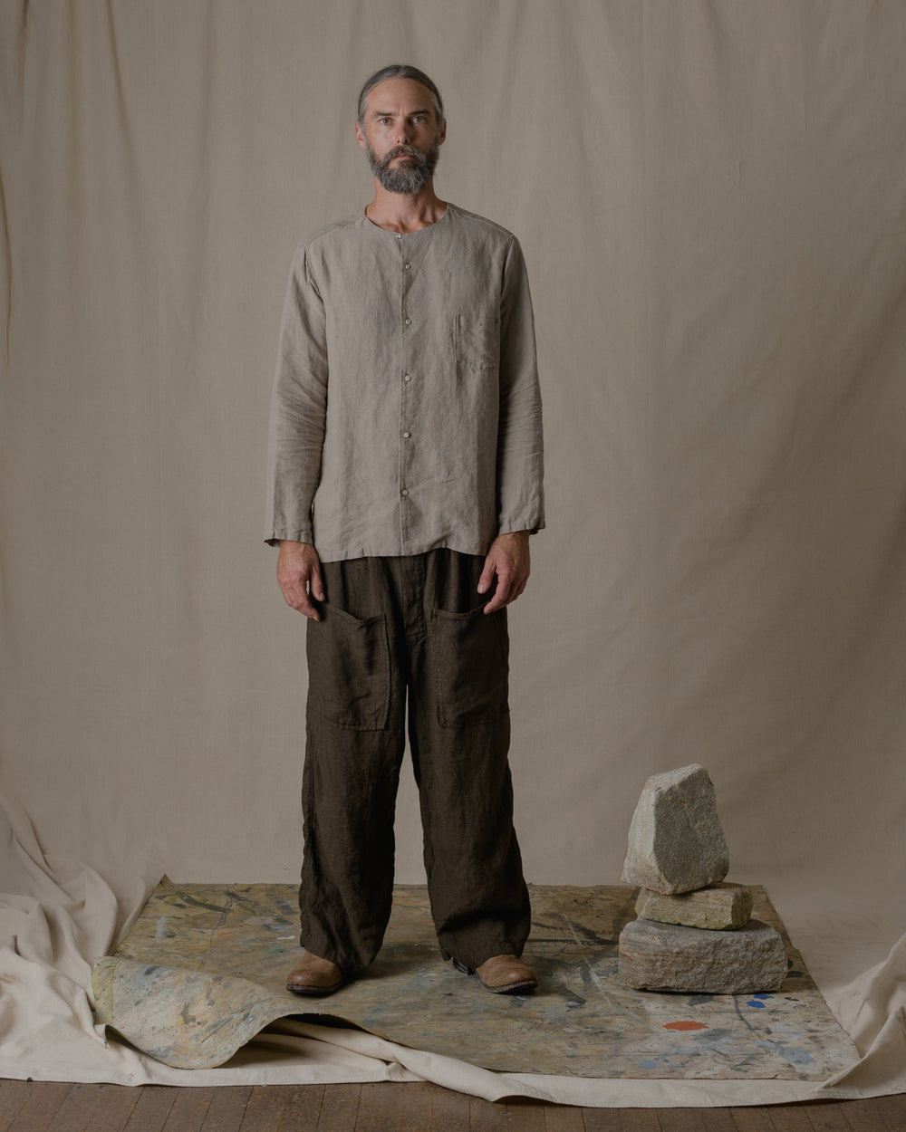 Unisex No Collar Plain Shirt Hemp in Beige