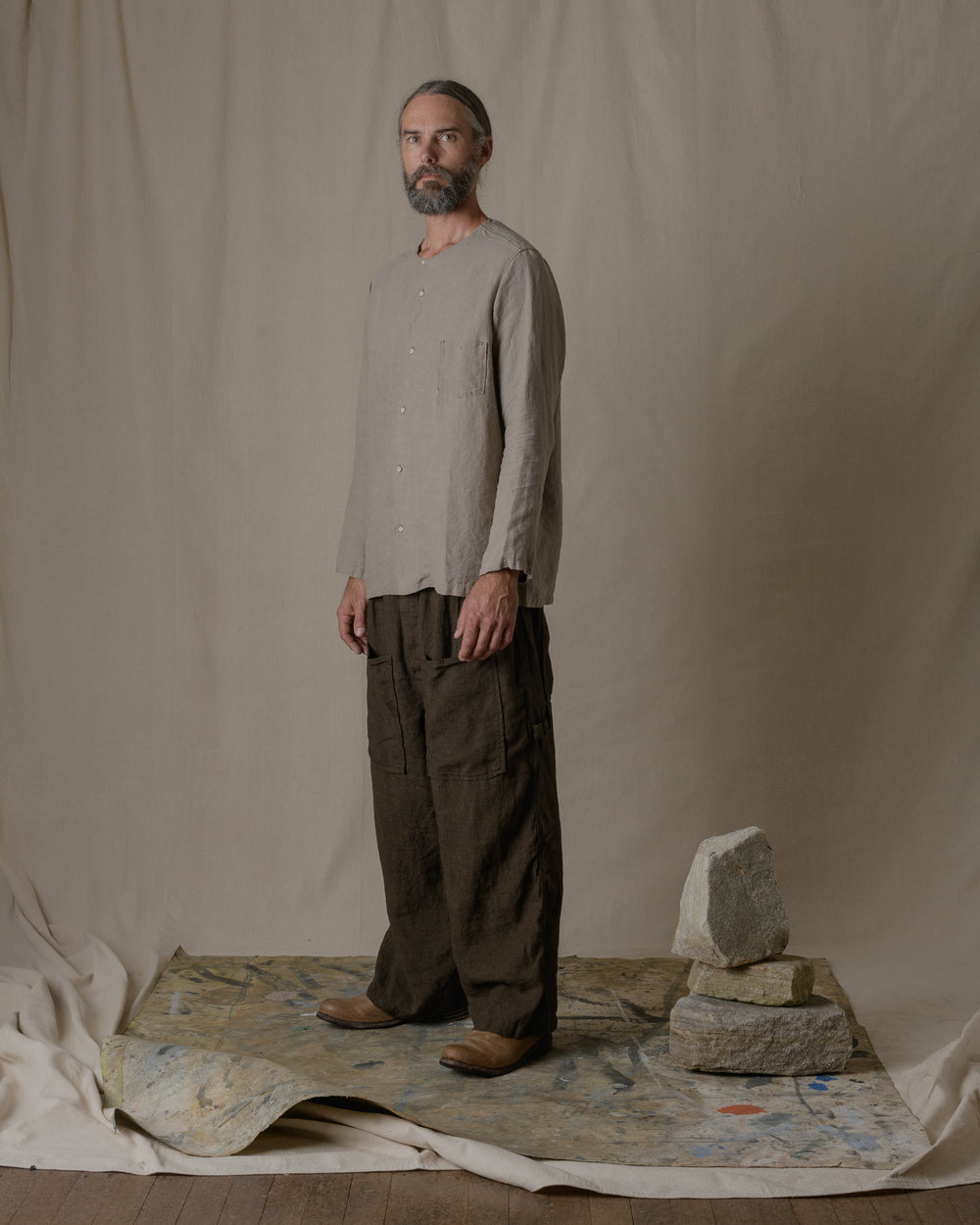Unisex No Collar Plain Shirt Hemp in Beige
