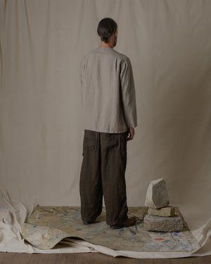 Unisex No Collar Plain Shirt Hemp in Beige