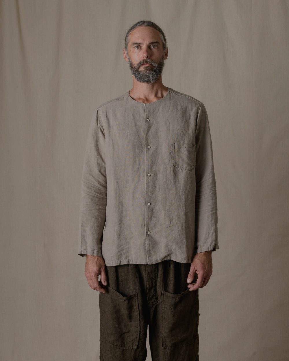 Unisex No Collar Plain Shirt Hemp in Beige