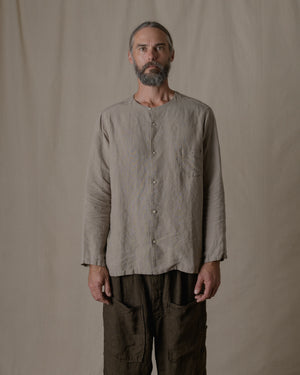 Unisex No Collar Plain Shirt Hemp in Beige