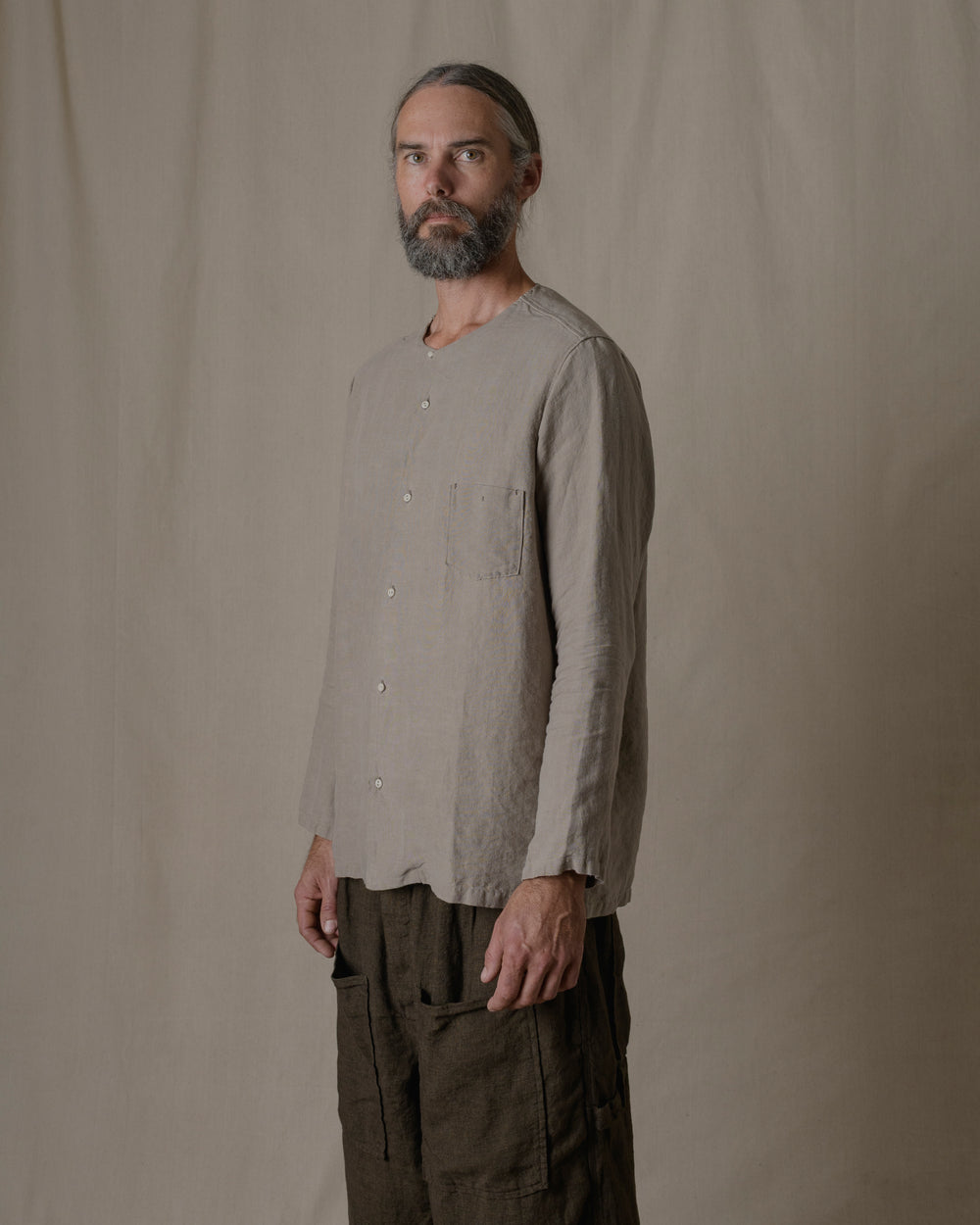 Unisex No Collar Plain Shirt Hemp in Beige