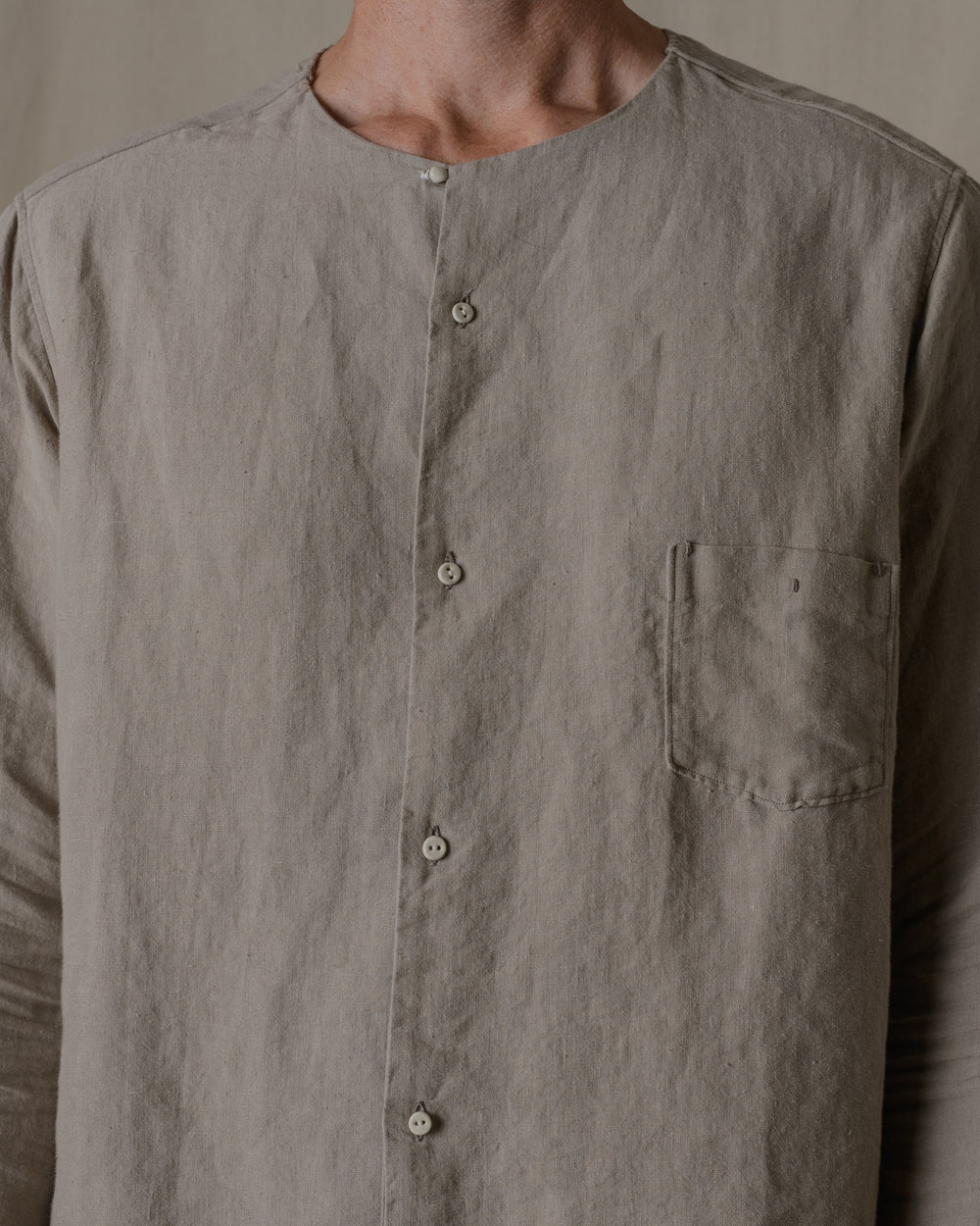 Unisex No Collar Plain Shirt Hemp in Beige