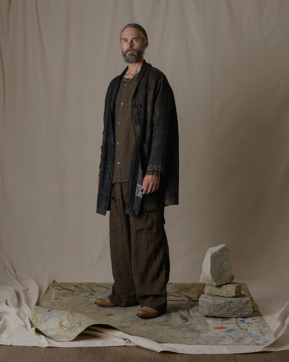Unisex Handwoven Shawl Collar Coat in Ash Glaze