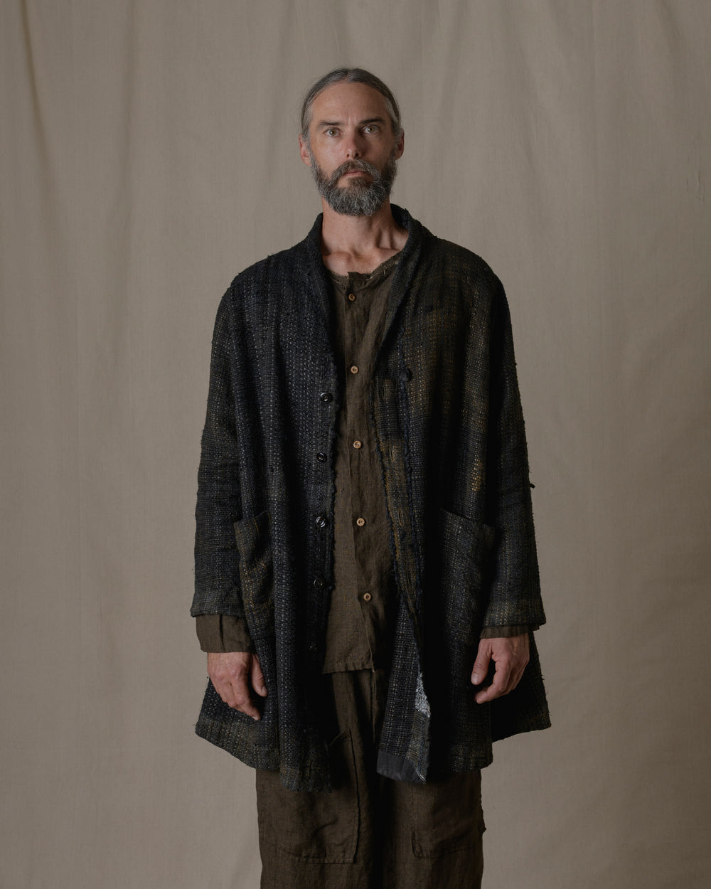 Unisex Handwoven Shawl Collar Coat in Ash Glaze