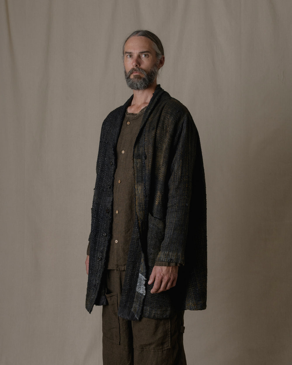 Unisex Handwoven Shawl Collar Coat in Ash Glaze