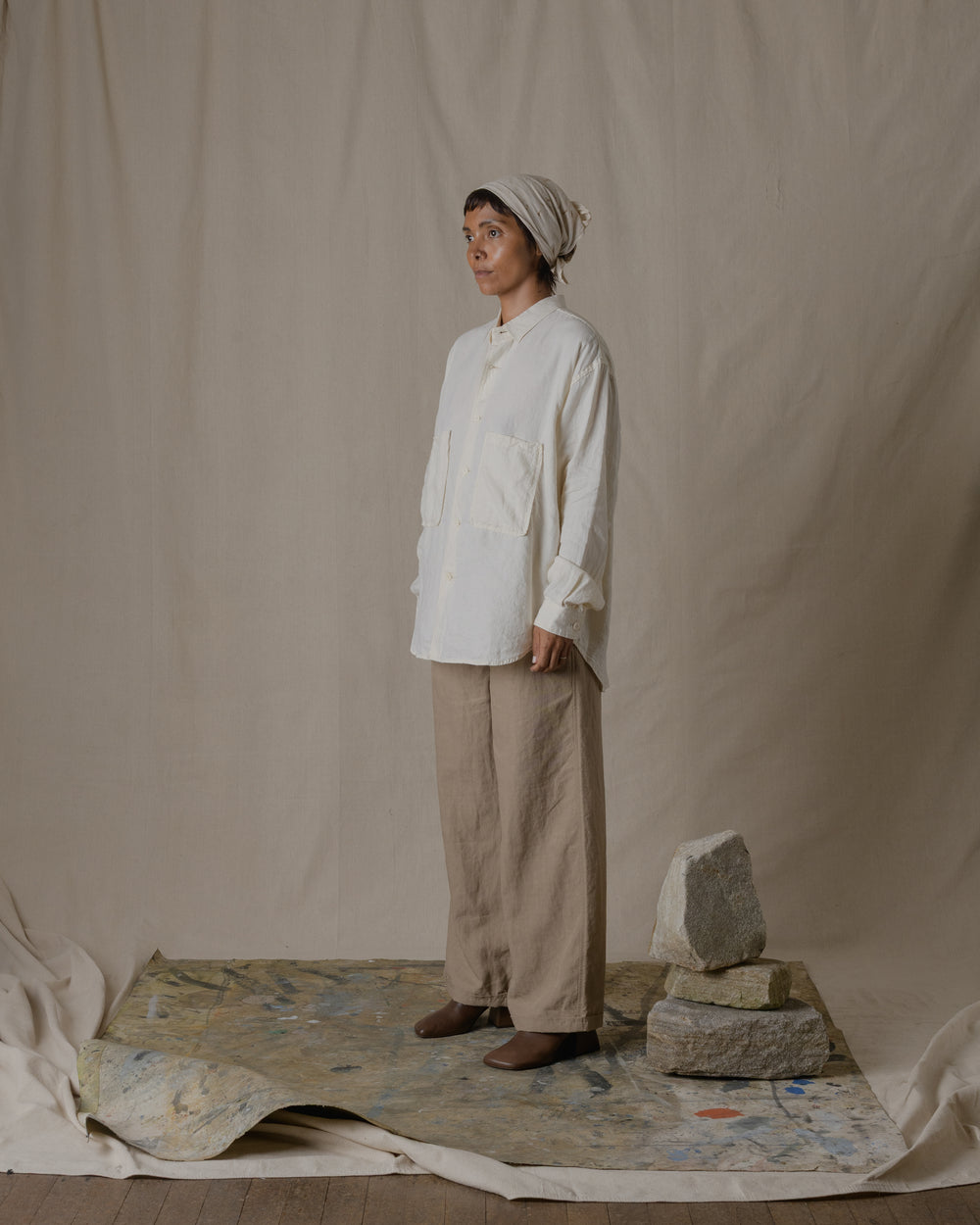 Unisex Wide Long Sleeve Shirt Silk Linen Twill in Natural