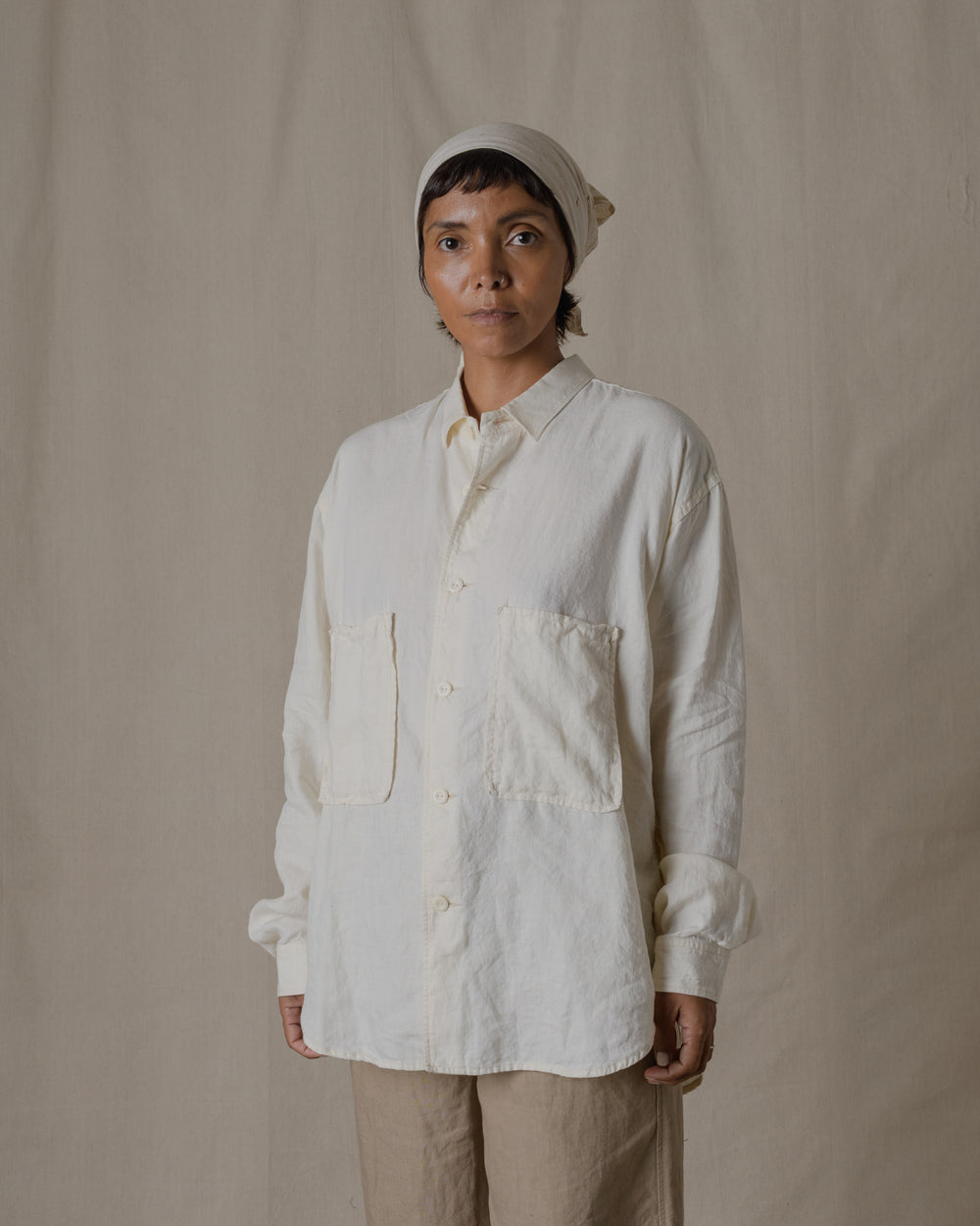 Unisex Wide Long Sleeve Shirt Silk Linen Twill in Natural