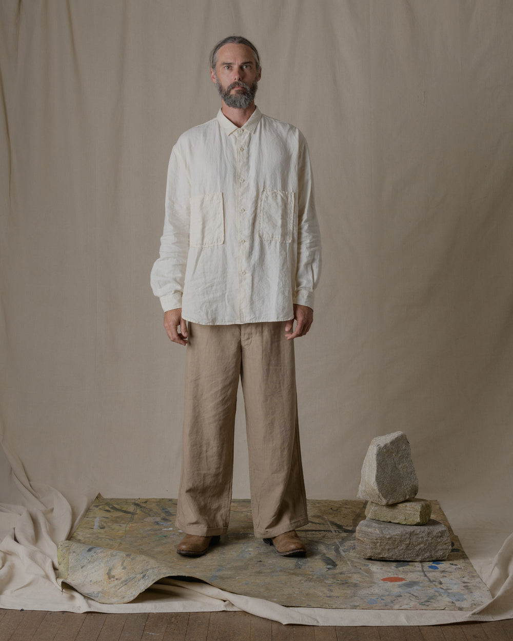 Unisex Wide Long Sleeve Shirt Silk Linen Twill in Natural