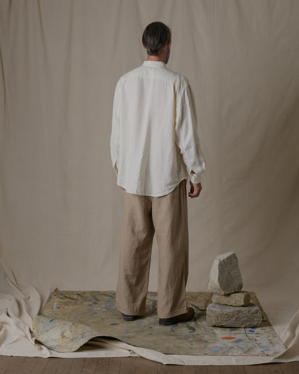 Unisex Wide Long Sleeve Shirt Silk Linen Twill in Natural