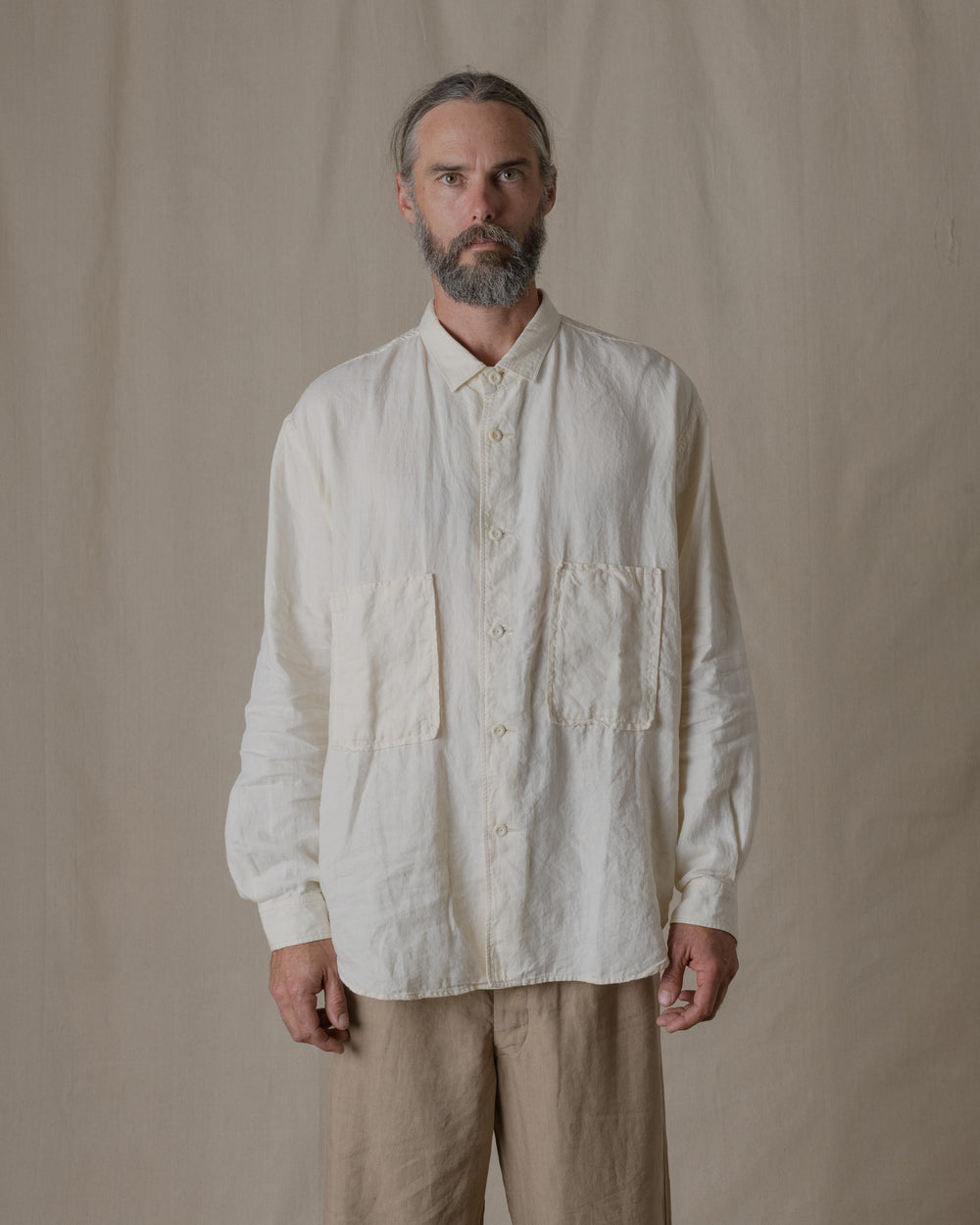 Unisex Wide Long Sleeve Shirt Silk Linen Twill in Natural