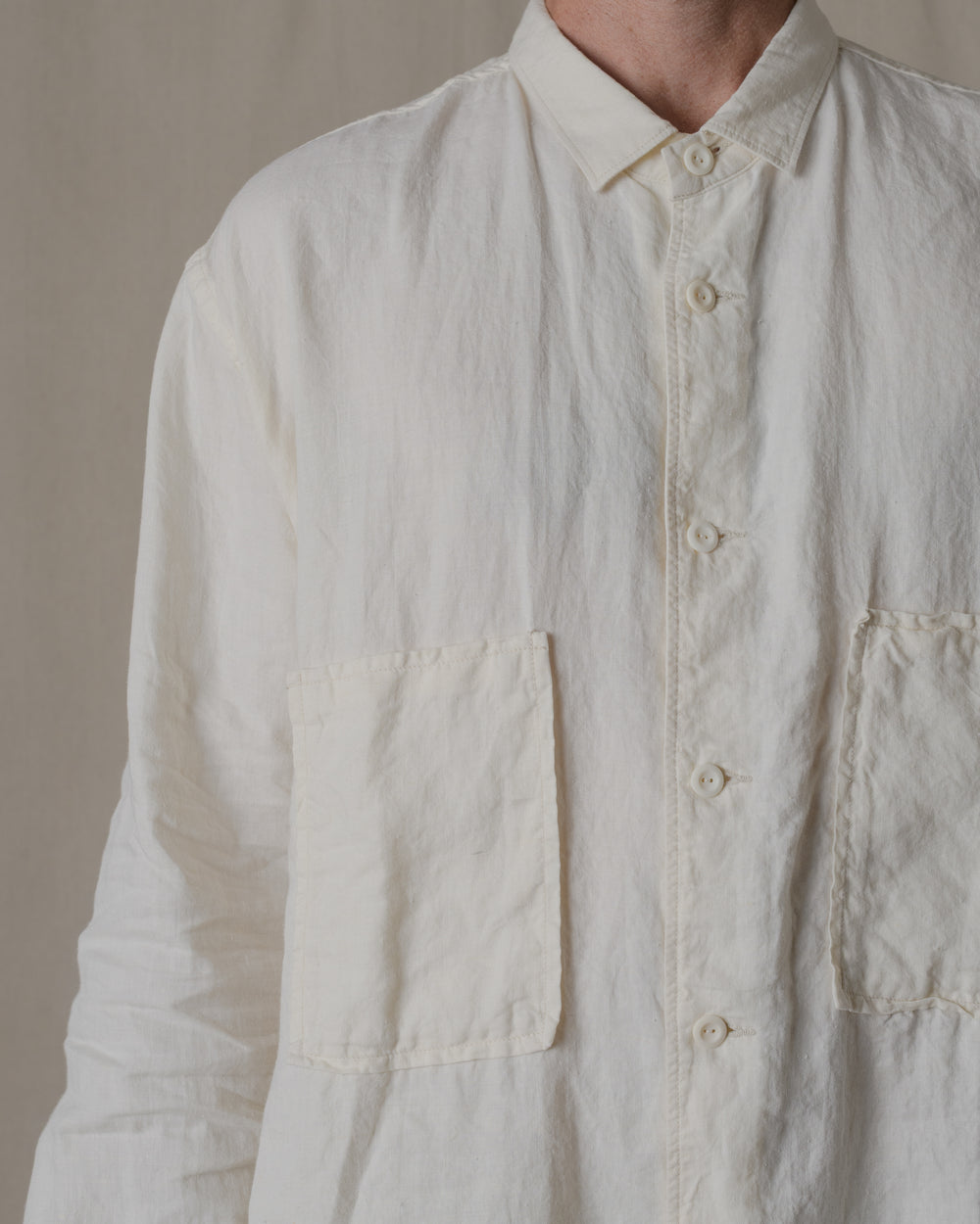 Unisex Wide Long Sleeve Shirt Silk Linen Twill in Natural
