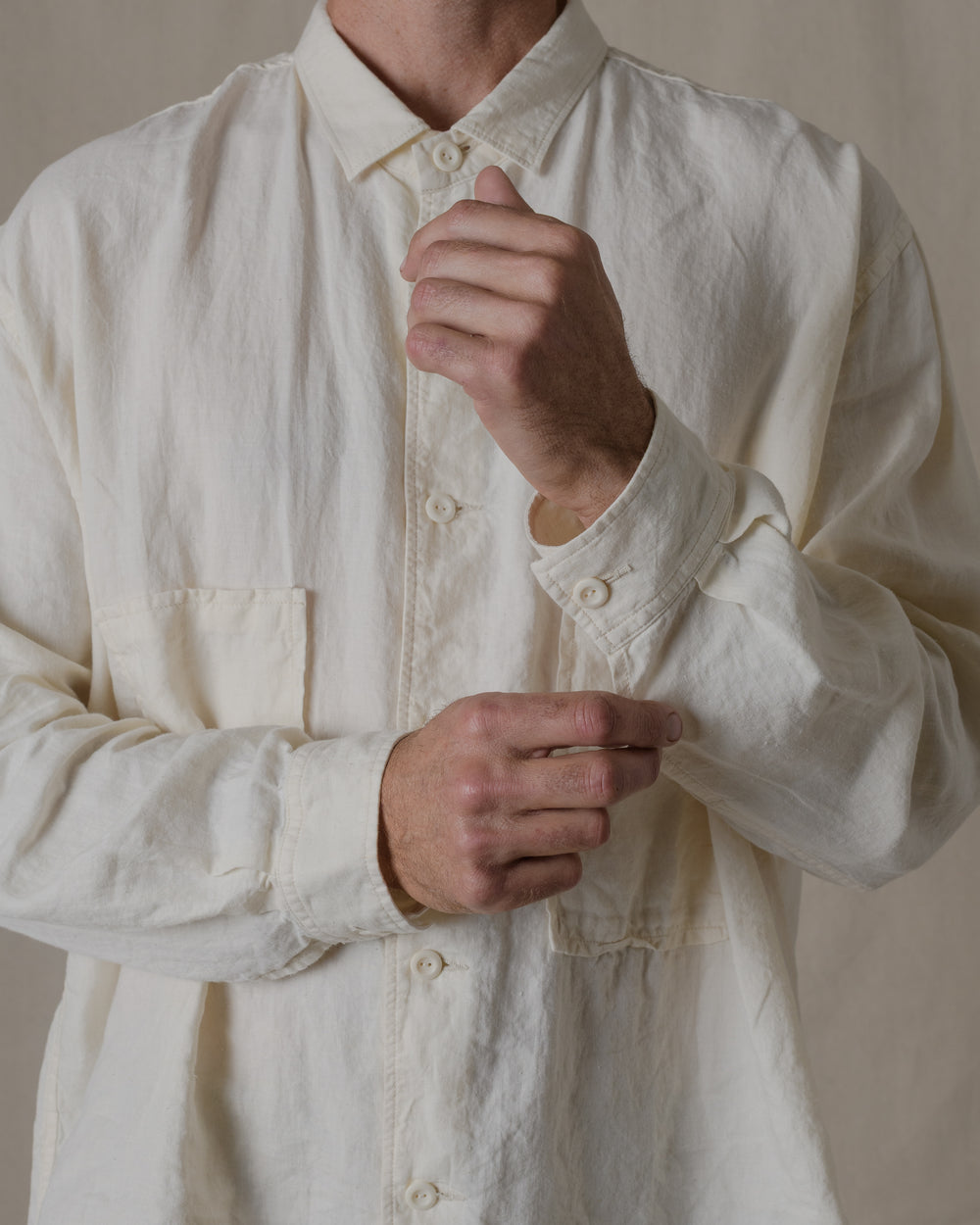 Unisex Wide Long Sleeve Shirt Silk Linen Twill in Natural