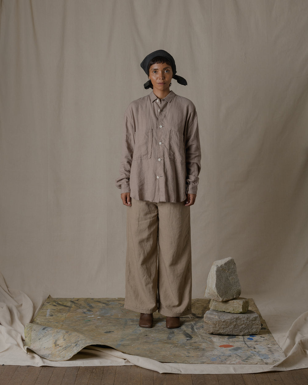 Unisex Wide Long Sleeve Shirt Silk Linen Twill in Beige