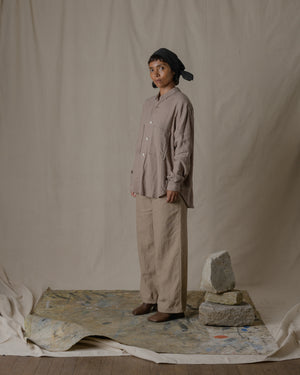 Unisex Wide Long Sleeve Shirt Silk Linen Twill in Beige
