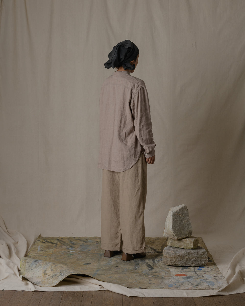 Unisex Wide Long Sleeve Shirt Silk Linen Twill in Beige