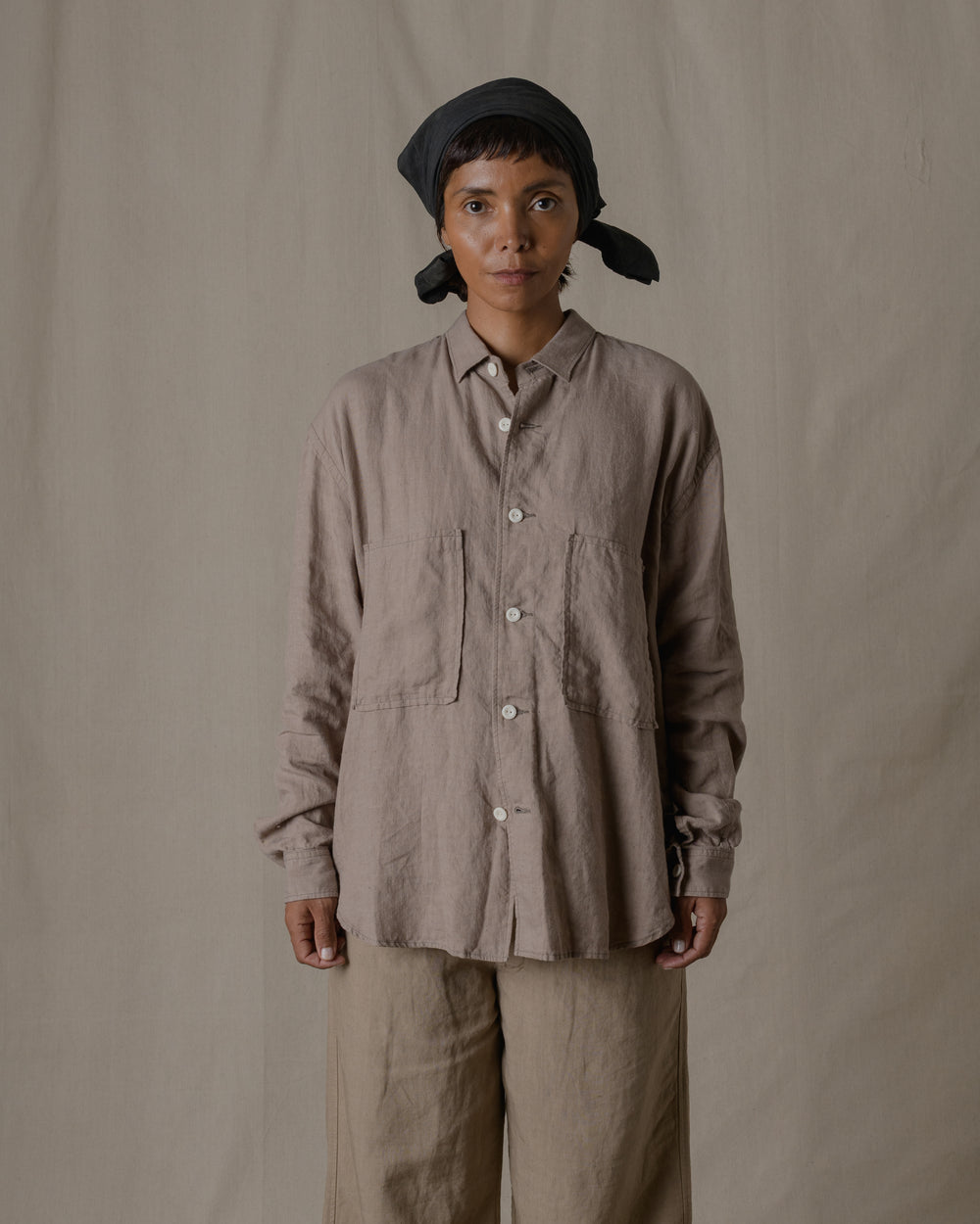 Unisex Wide Long Sleeve Shirt Silk Linen Twill in Beige