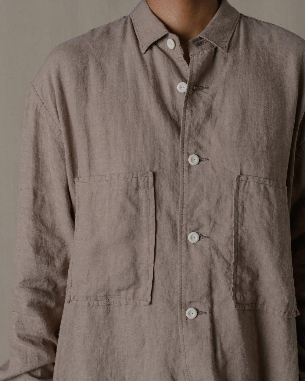 Unisex Wide Long Sleeve Shirt Silk Linen Twill in Beige