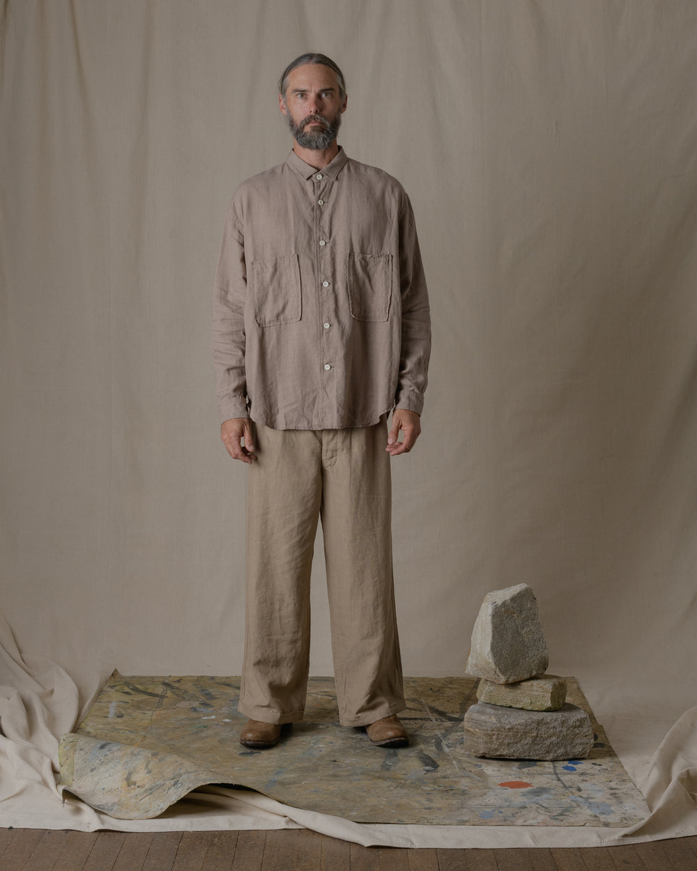 Unisex Wide Long Sleeve Shirt Silk Linen Twill in Beige