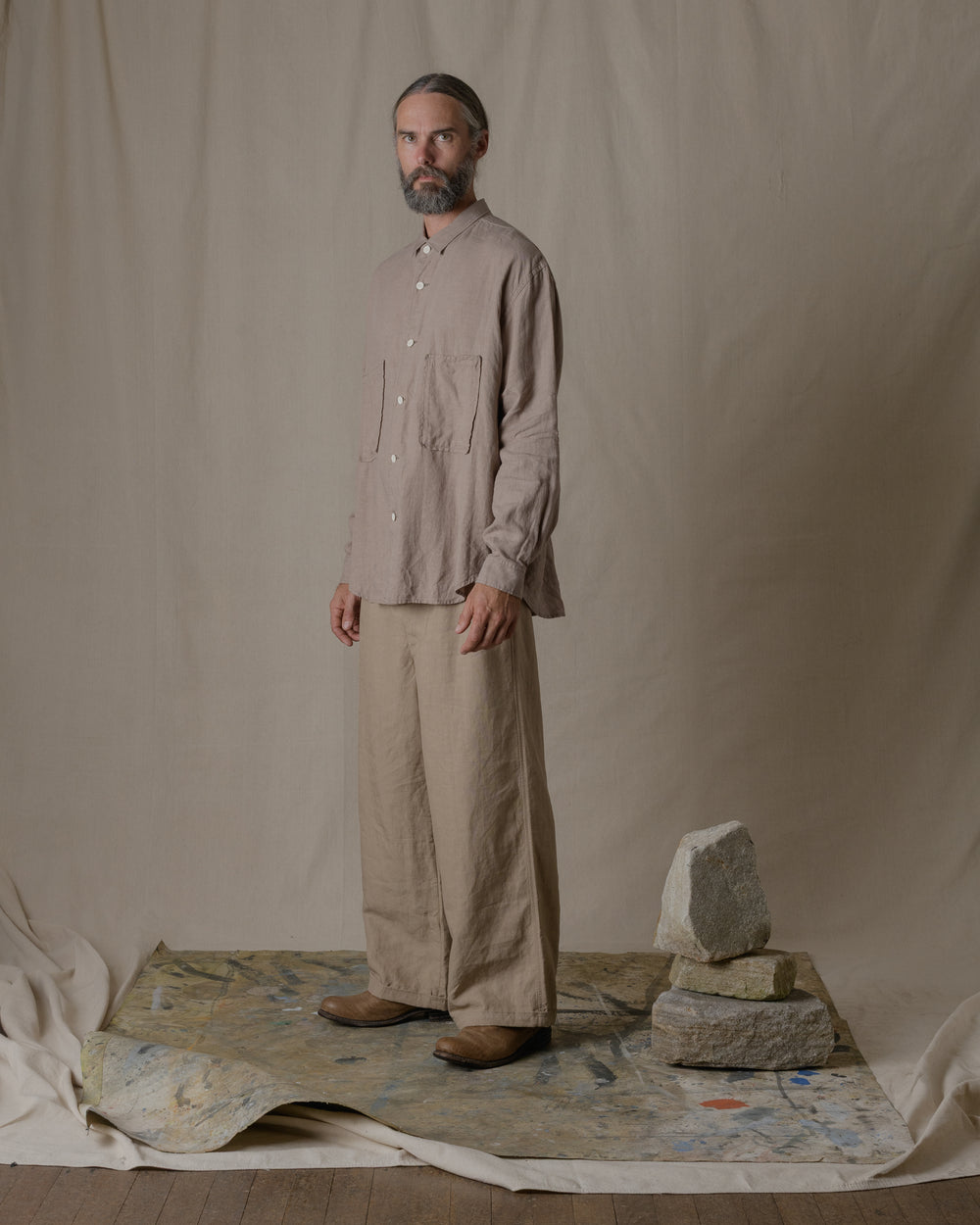 Unisex Wide Long Sleeve Shirt Silk Linen Twill in Beige
