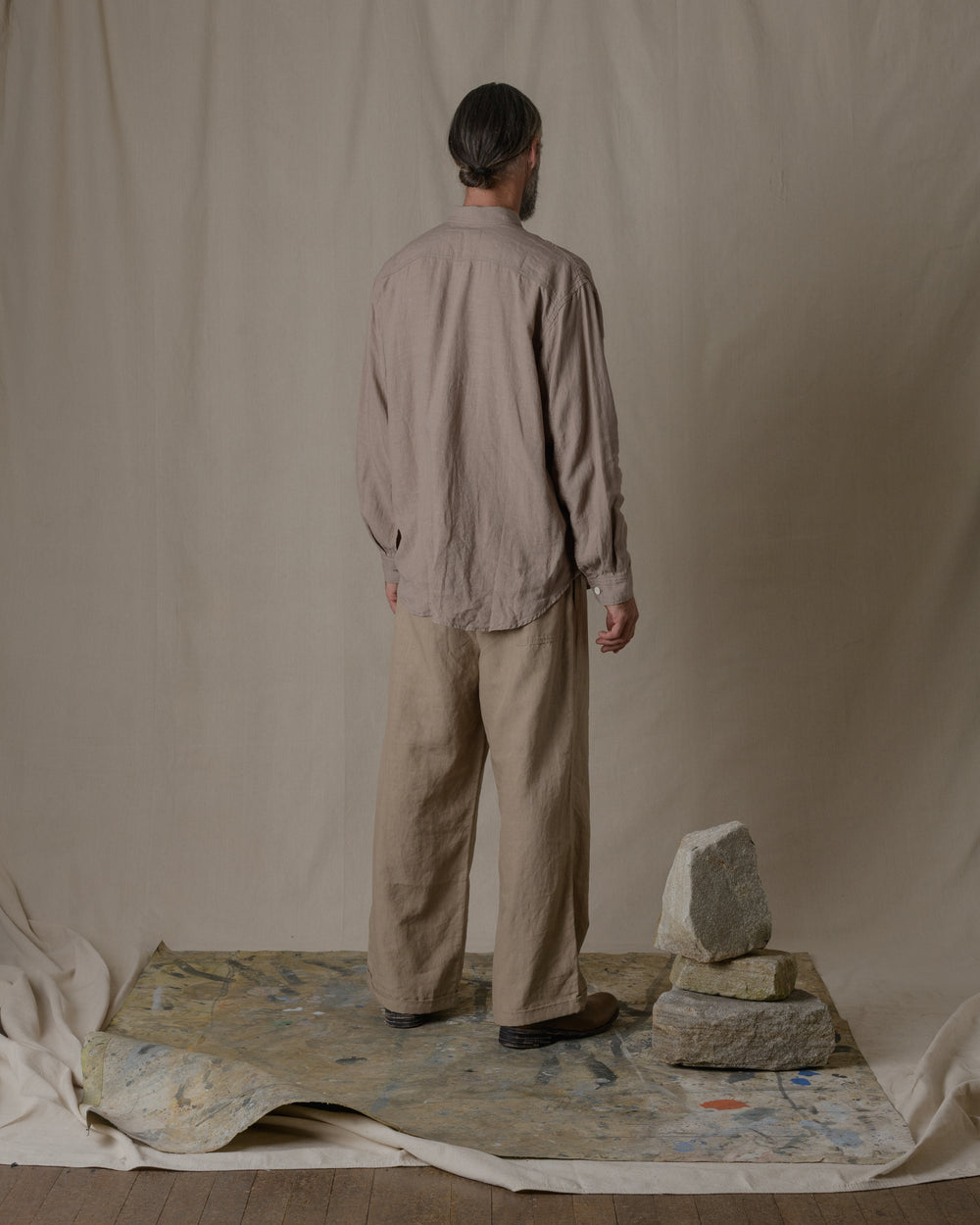 Unisex Wide Long Sleeve Shirt Silk Linen Twill in Beige