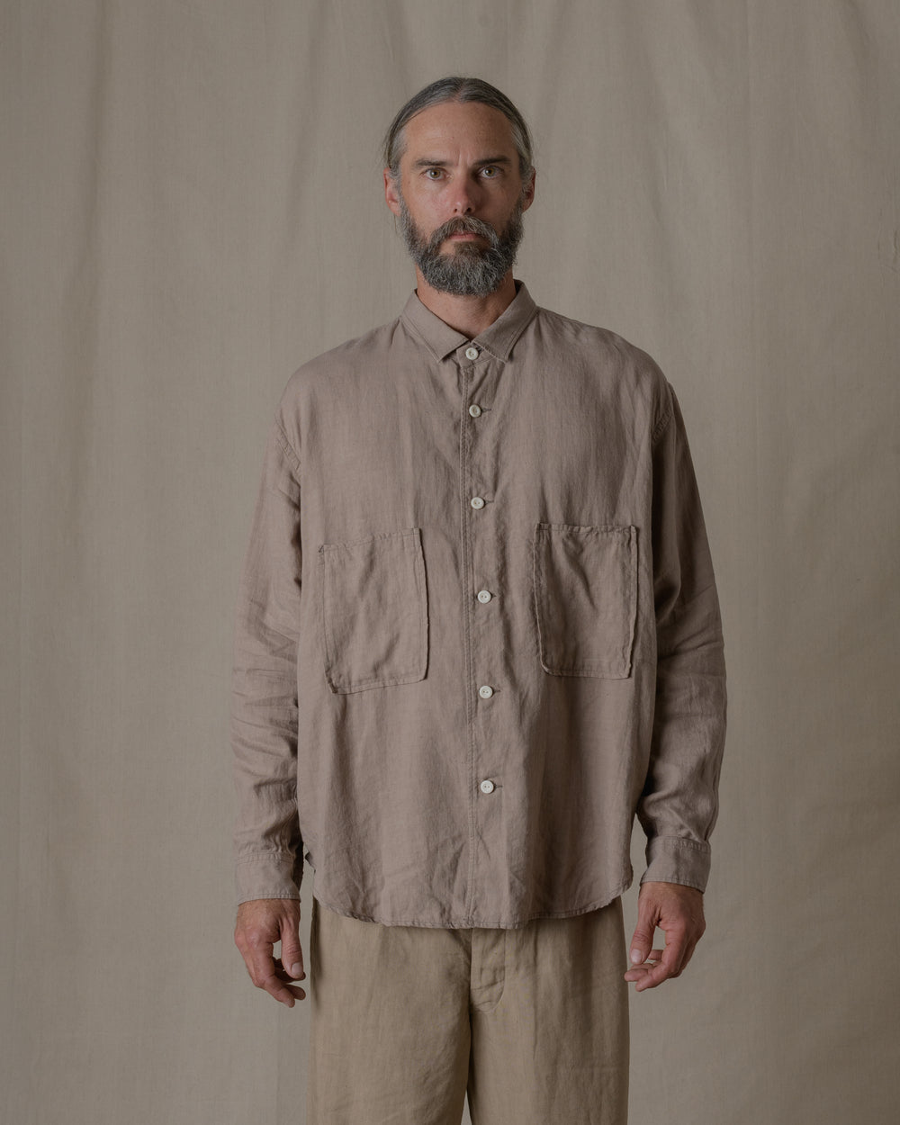 Unisex Wide Long Sleeve Shirt Silk Linen Twill in Beige