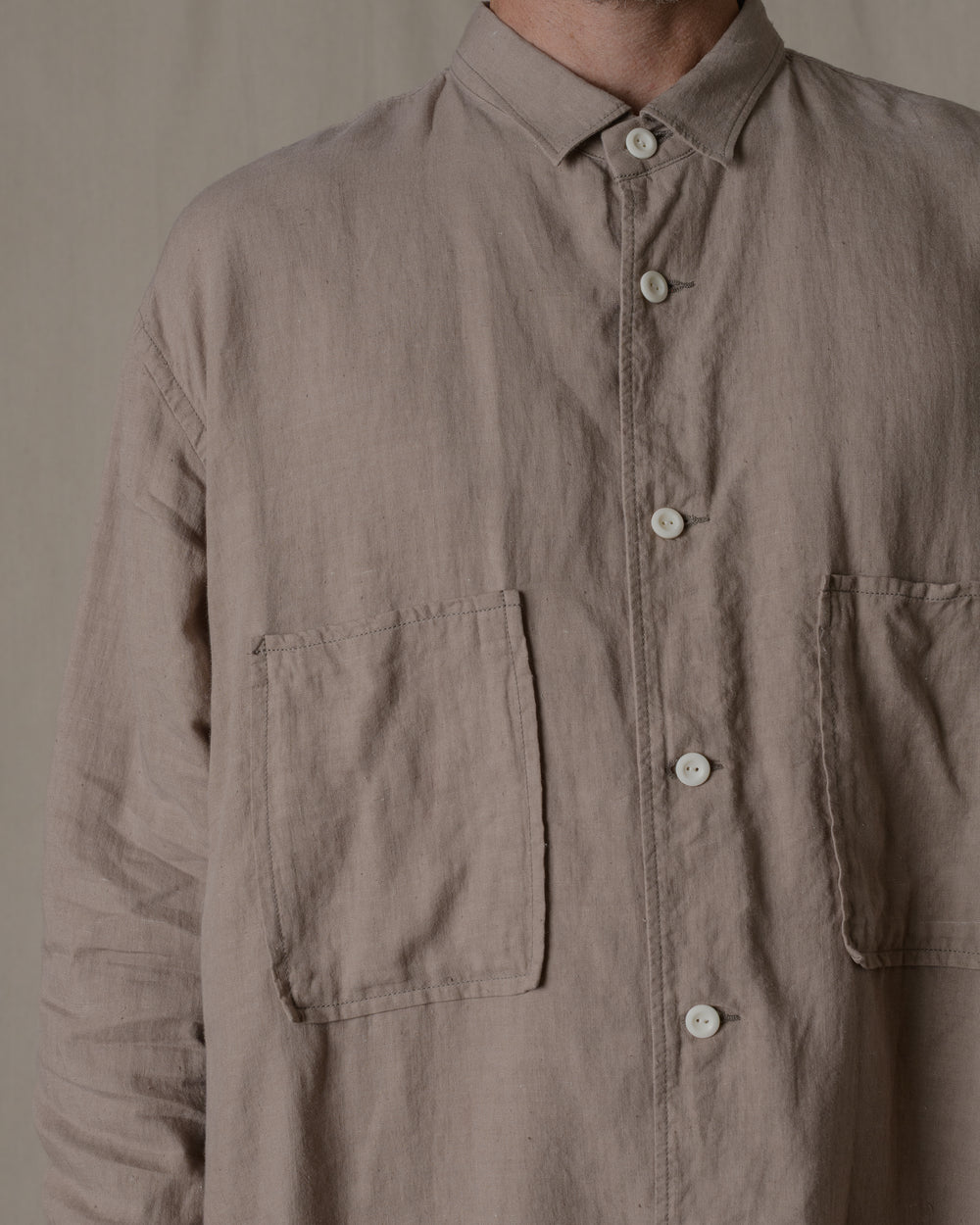 Unisex Wide Long Sleeve Shirt Silk Linen Twill in Beige