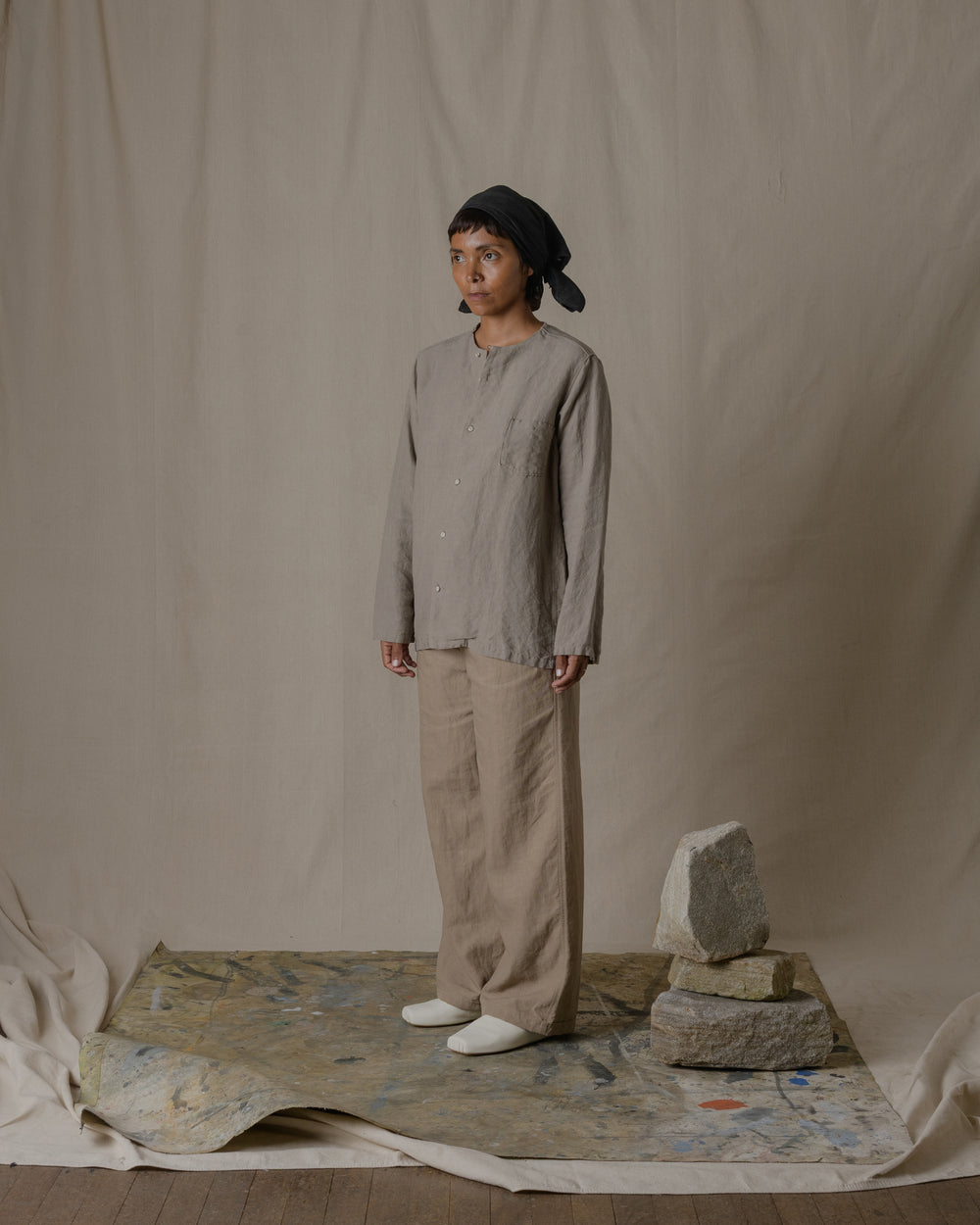 Unisex No Collar Plain Shirt Hemp in Beige