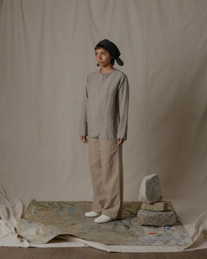 Unisex No Collar Plain Shirt Hemp in Beige