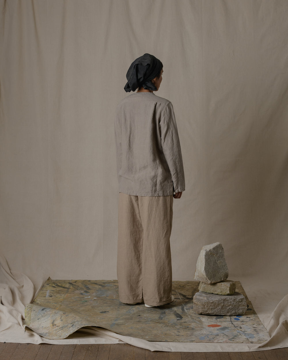 Unisex No Collar Plain Shirt Hemp in Beige