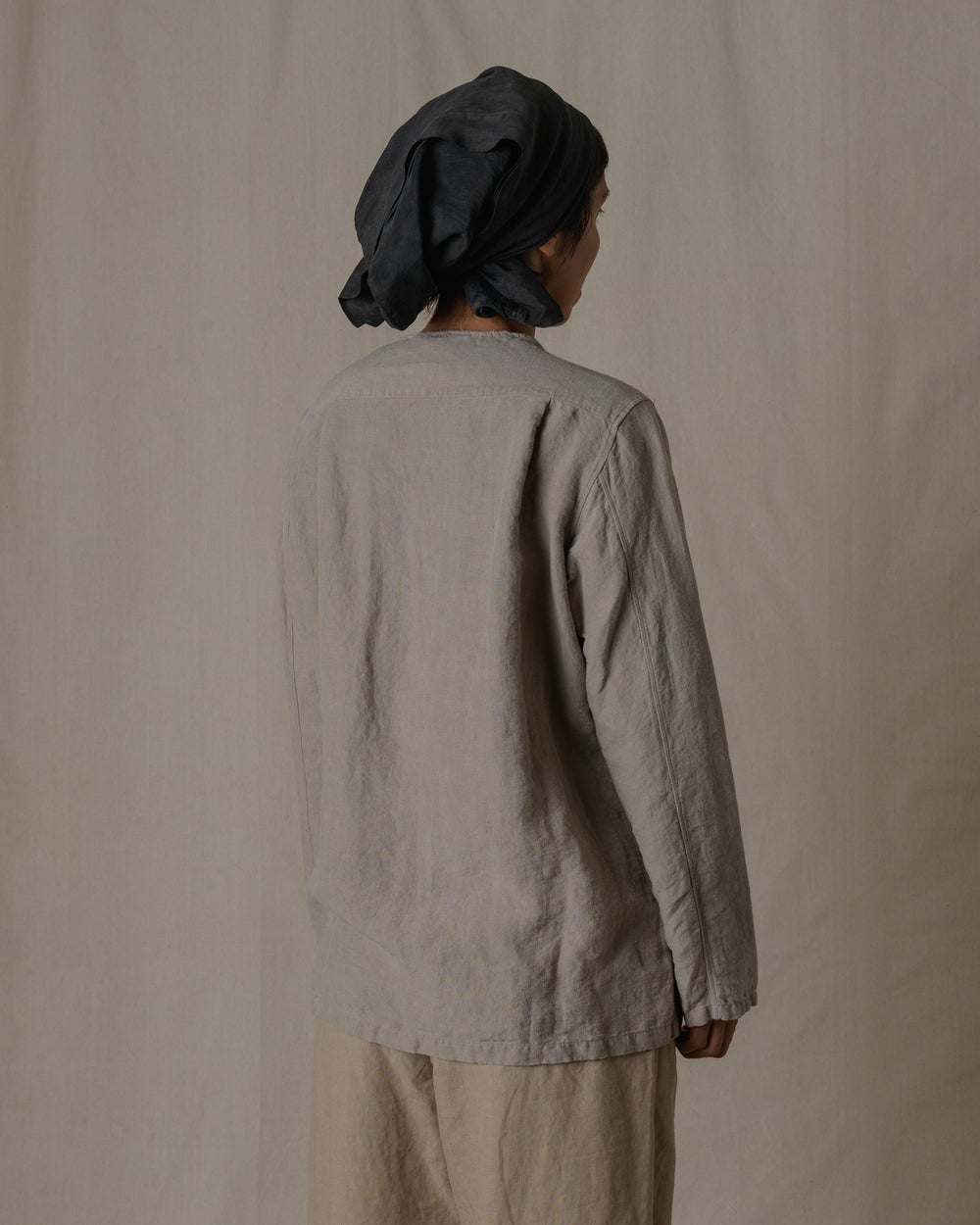 Unisex No Collar Plain Shirt Hemp in Beige
