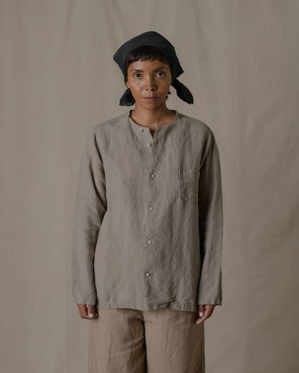 Unisex No Collar Plain Shirt Hemp in Beige