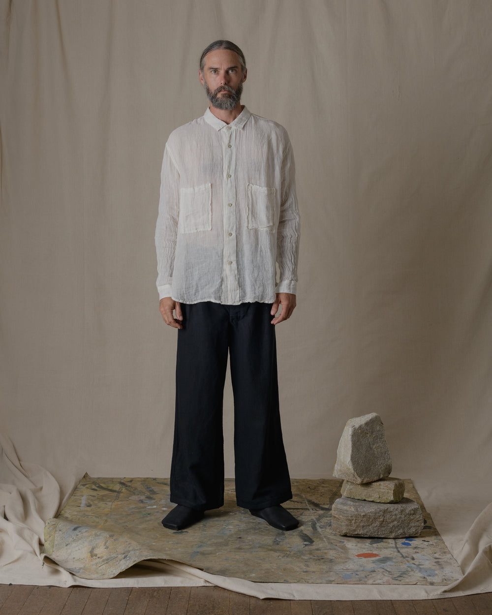 Unisex Wide Long Sleeves Shirt Linen Gauze in Off White