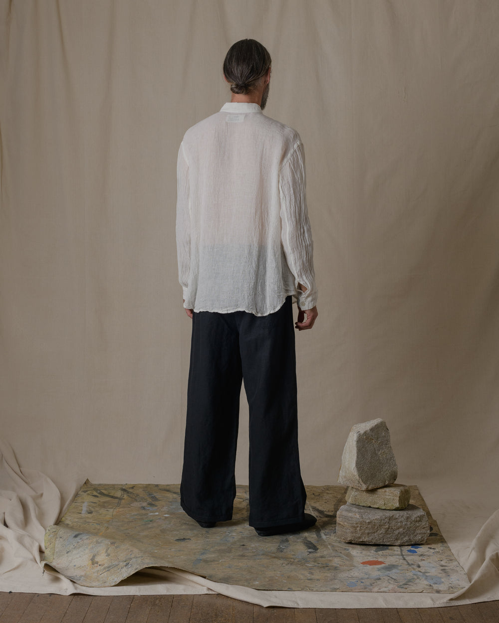 Unisex Wide Long Sleeves Shirt Linen Gauze in Off White