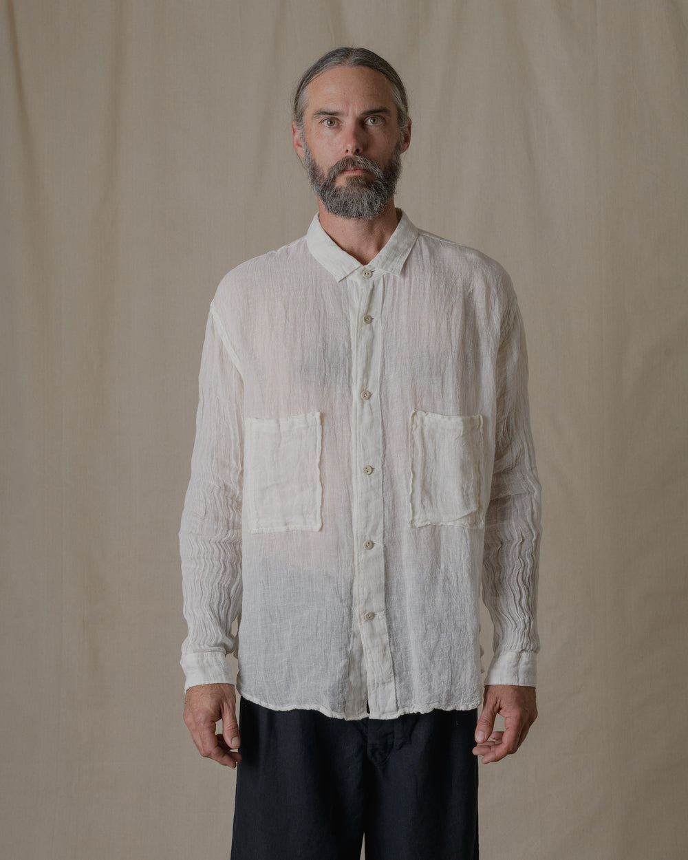 Unisex Wide Long Sleeves Shirt Linen Gauze in Off White
