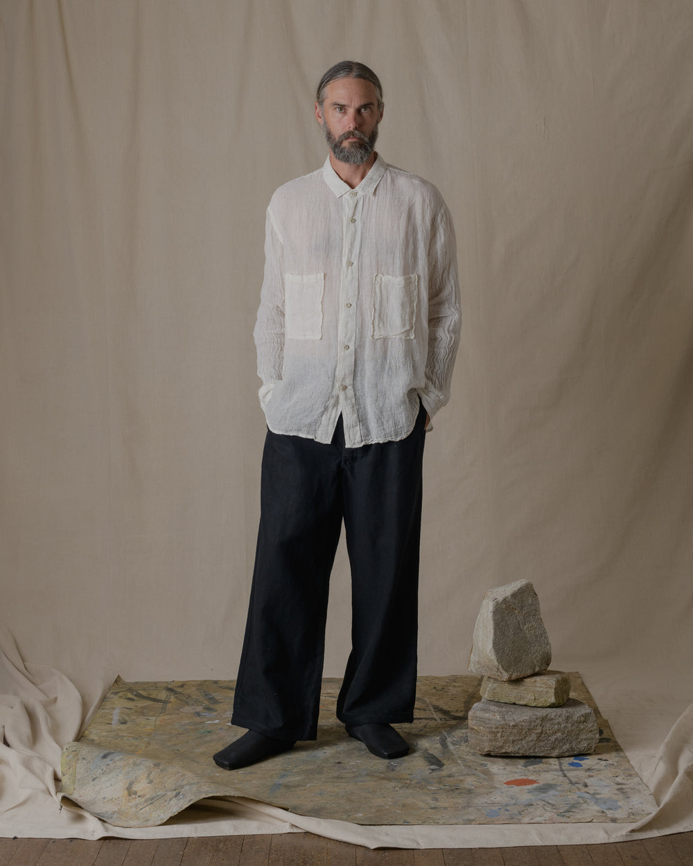 Unisex Wide Long Sleeves Shirt Linen Gauze in Off White
