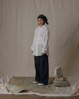Unisex Wide Long Sleeves Shirt Linen Gauze in Off White