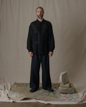 Unisex Wide Long Sleeves Shirt Linen Gauze in Black