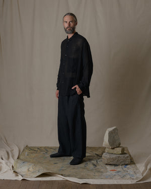 Unisex Wide Long Sleeves Shirt Linen Gauze in Black