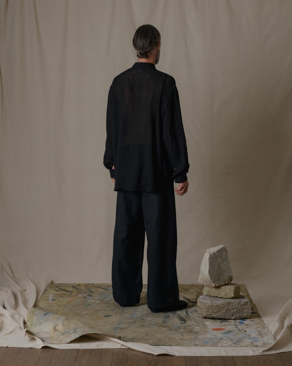 Unisex Wide Long Sleeves Shirt Linen Gauze in Black