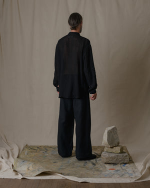 Unisex Wide Long Sleeves Shirt Linen Gauze in Black