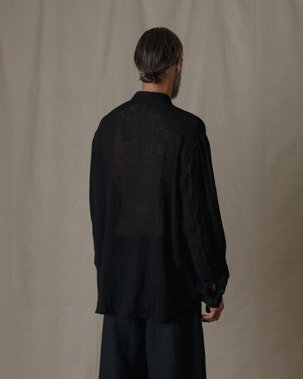 Unisex Wide Long Sleeves Shirt Linen Gauze in Black