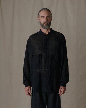 Unisex Wide Long Sleeves Shirt Linen Gauze in Black