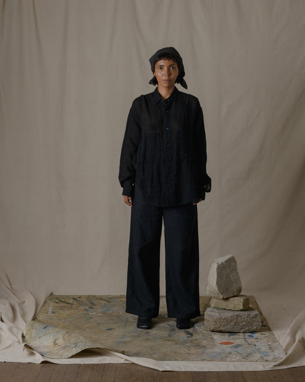 Unisex Wide Long Sleeves Shirt Linen Gauze in Black