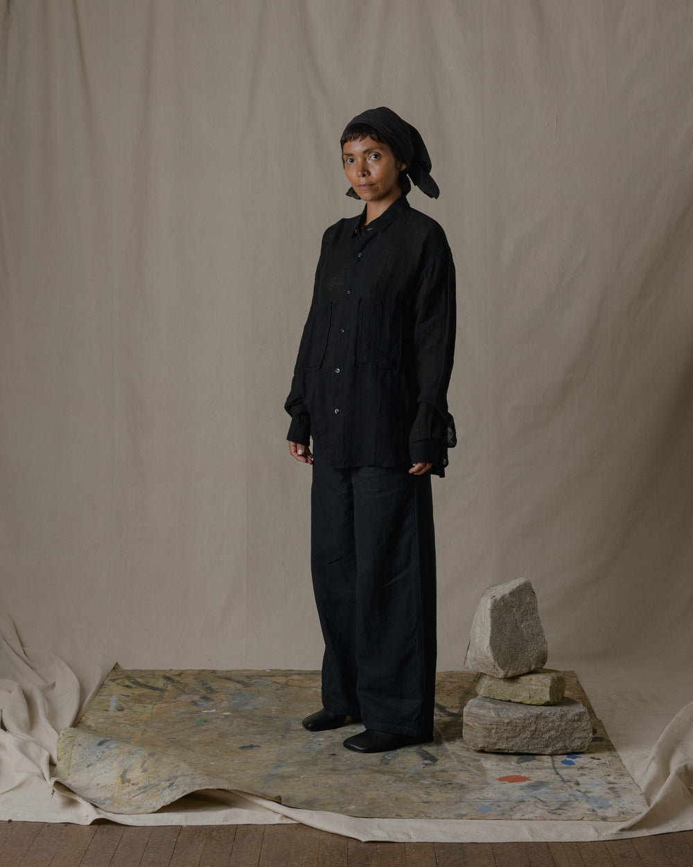 Unisex Wide Long Sleeves Shirt Linen Gauze in Black