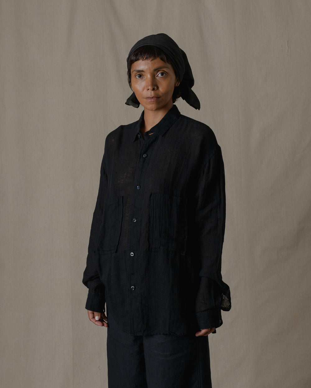 Unisex Wide Long Sleeves Shirt Linen Gauze in Black