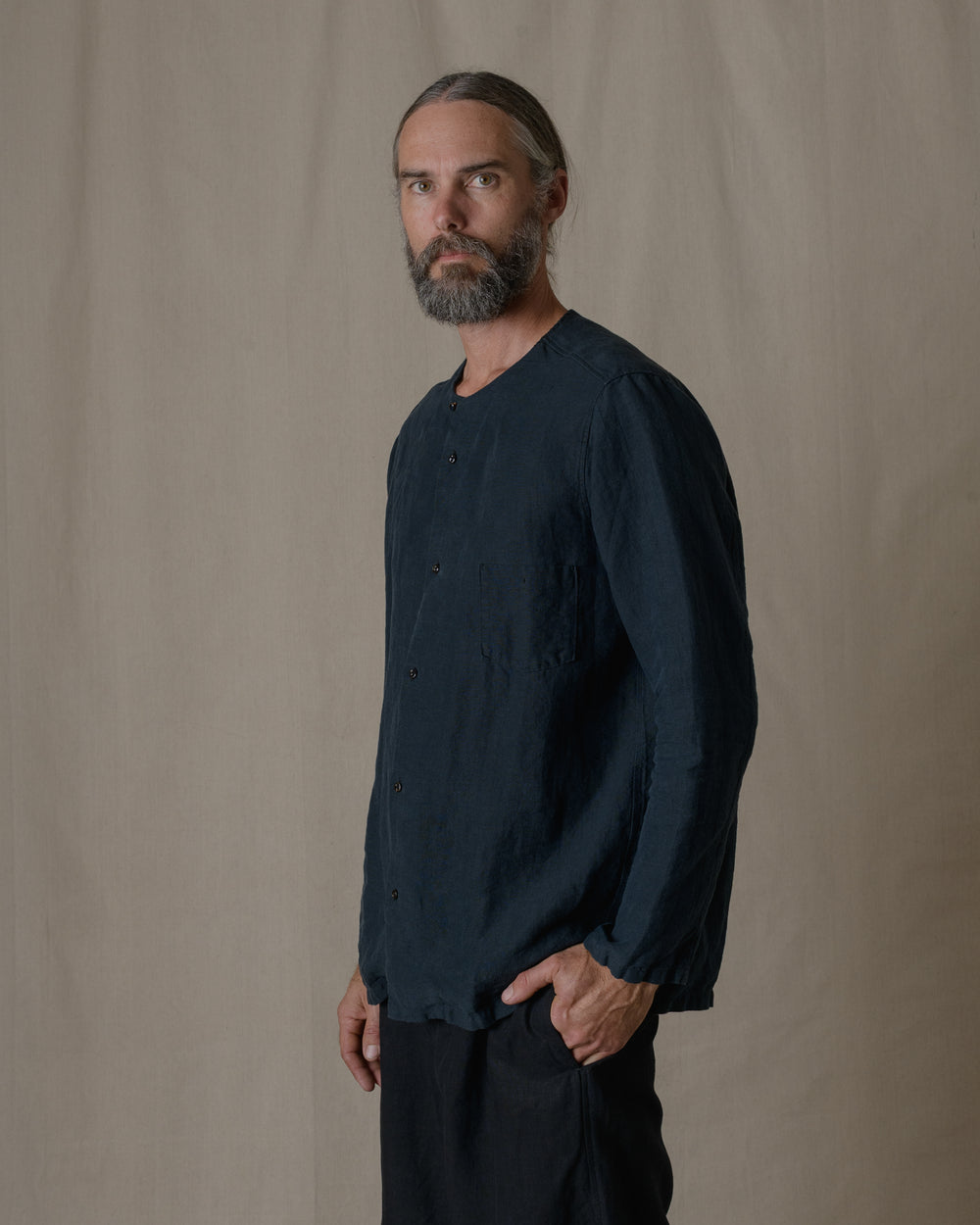 Unisex No Collar Plain Shirt Hemp in Black