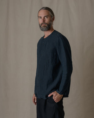 Unisex No Collar Plain Shirt Hemp in Black